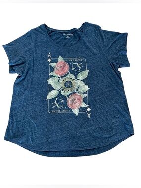 Lucky Brand Heathered Navy Graphic Short Sleeve Tee with Floral Design Size XXL
